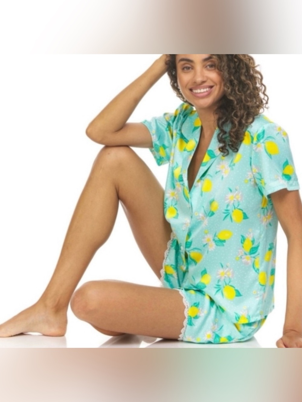 Lemon Print Short Pajama Set - Aqua Size L
